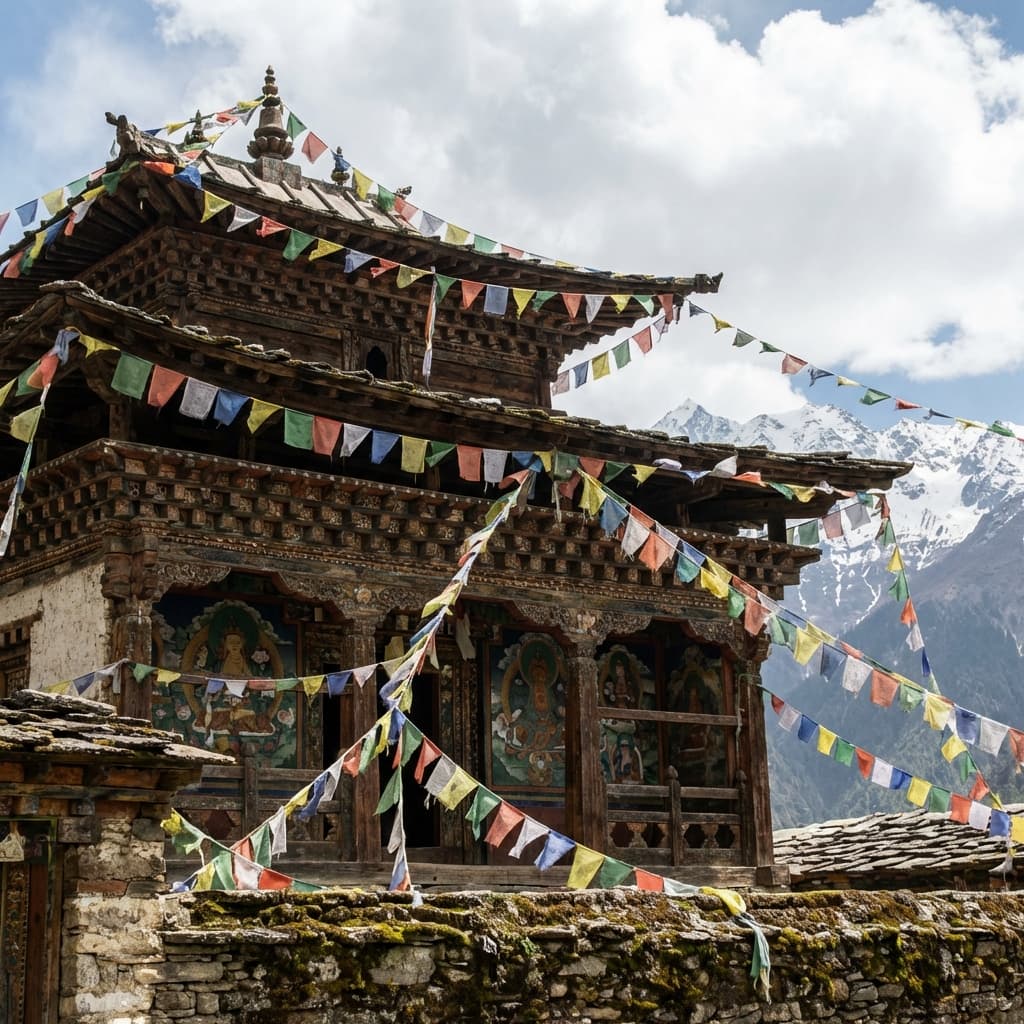 Ancient Buddhist temple with prayer flags